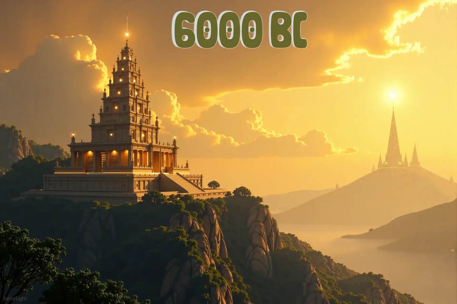 A majestic temple atop a misty mountain, blending ancient architecture with advanced technology, surrounded by lush vegetation glowing with ethereal light, under a golden sky.