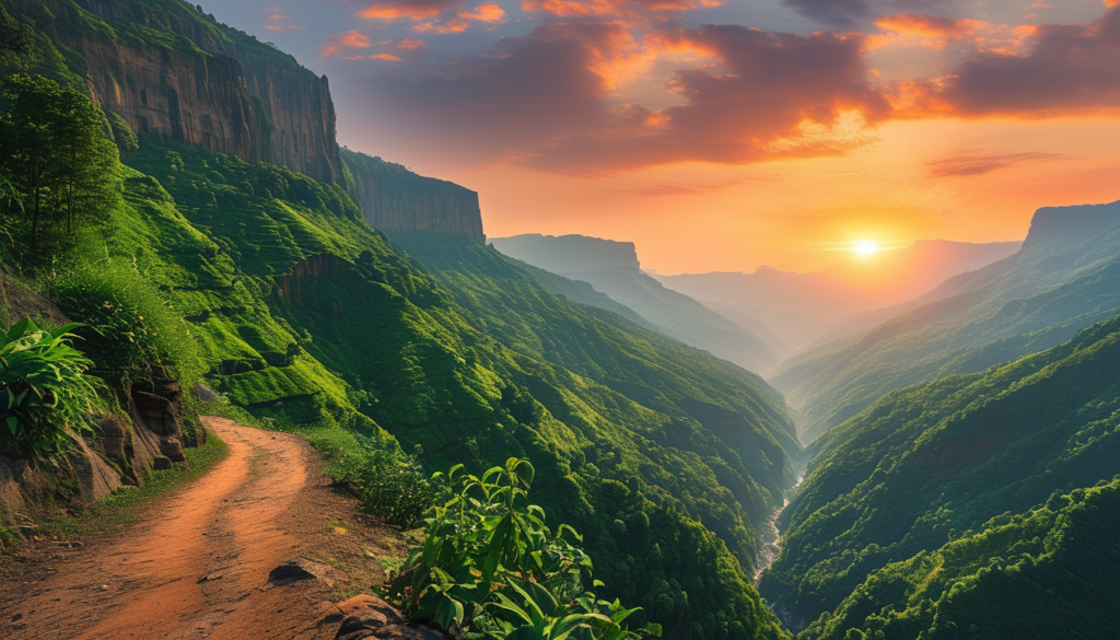 A stunning view of a canyon in Northeast India at sunset, with a dirt path winding through lush green vegetation and steep cliffs on either side, leading to a distant horizon where the sun is setting, casting a warm glow over the landscape.