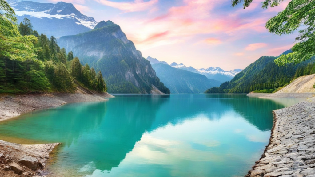 A serene lake surrounded by lush green forests and towering mountains with snow-capped peaks under a colorful sky at sunset.