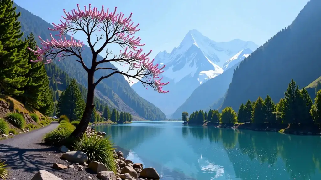 A serene mountain landscape in Arunachal Pradesh with partially ice-covered peaks, a clear river dotted with ice flakes, a blooming leafless tree, and green trees under a bright blue sky."