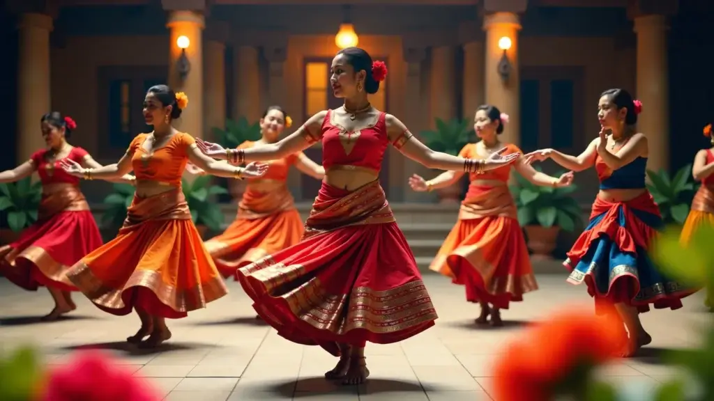 A vibrant dance scene from Manipur, Northeast India, featuring traditional performers in colorful attire, with intricate movements and cultural elements under a serene natural backdrop.