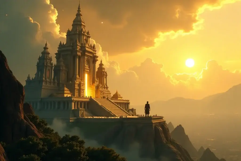 A majestic temple atop a misty mountain, blending ancient architecture with advanced technology, surrounded by lush vegetation glowing with ethereal light, under a golden sky.