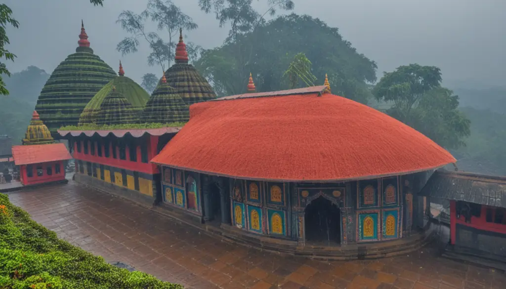 Rainfall over Maa Kamakhya Devalaya with misty surroundings on Nilachal Hill