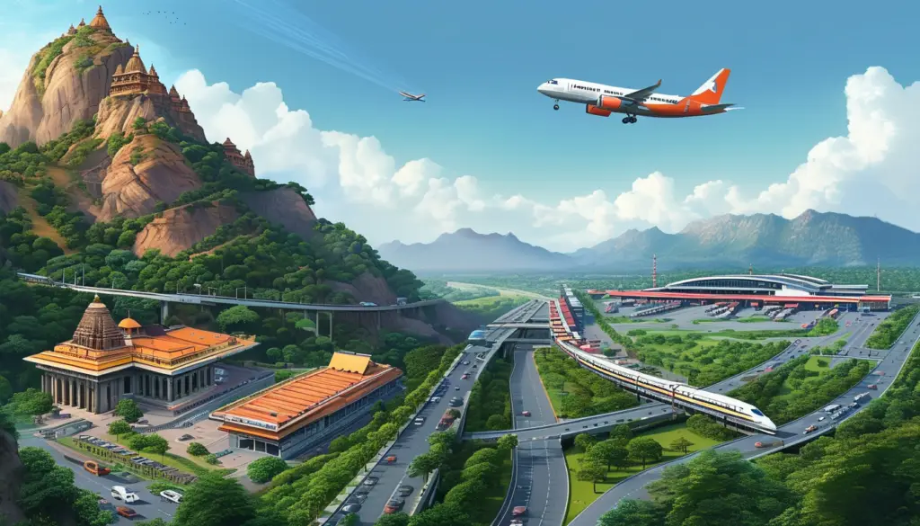 Nilachal Hill with the top part of Maa Kamakhya Devalaya visible, surrounded by clouds. Foreground shows a road with a bus, a train track with a train, and an airplane flying overhead.