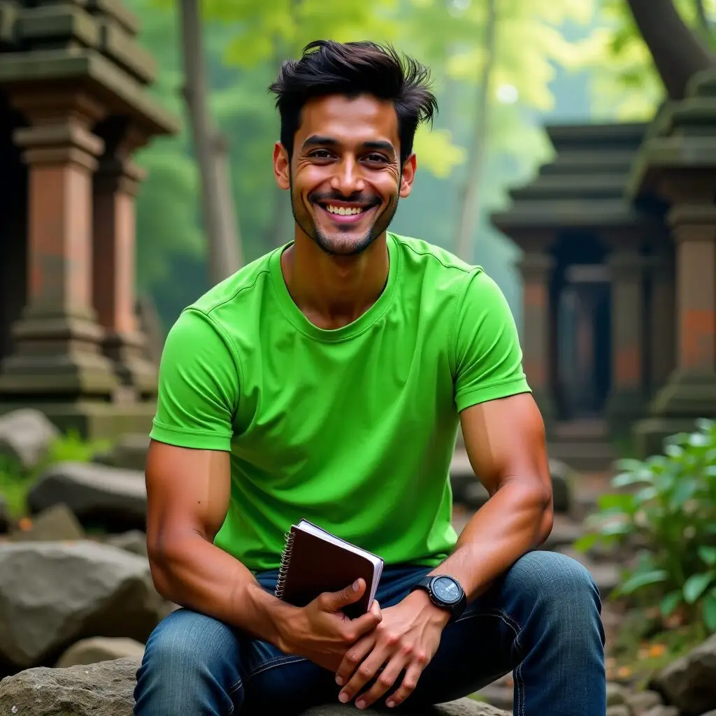 Sayan, the researcher of Best of Northeast, exploring an ancient temple with a notebook in hand.