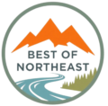 Logo for Best of Northeast travel blog with minimalist mountain and river design in orange and white colors.