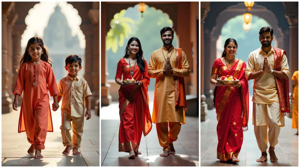 Collage of three traditional Indian pairs in a temple setting, featuring women holding puja thalis and men performing namaskar, dressed in vibrant cultural attire.