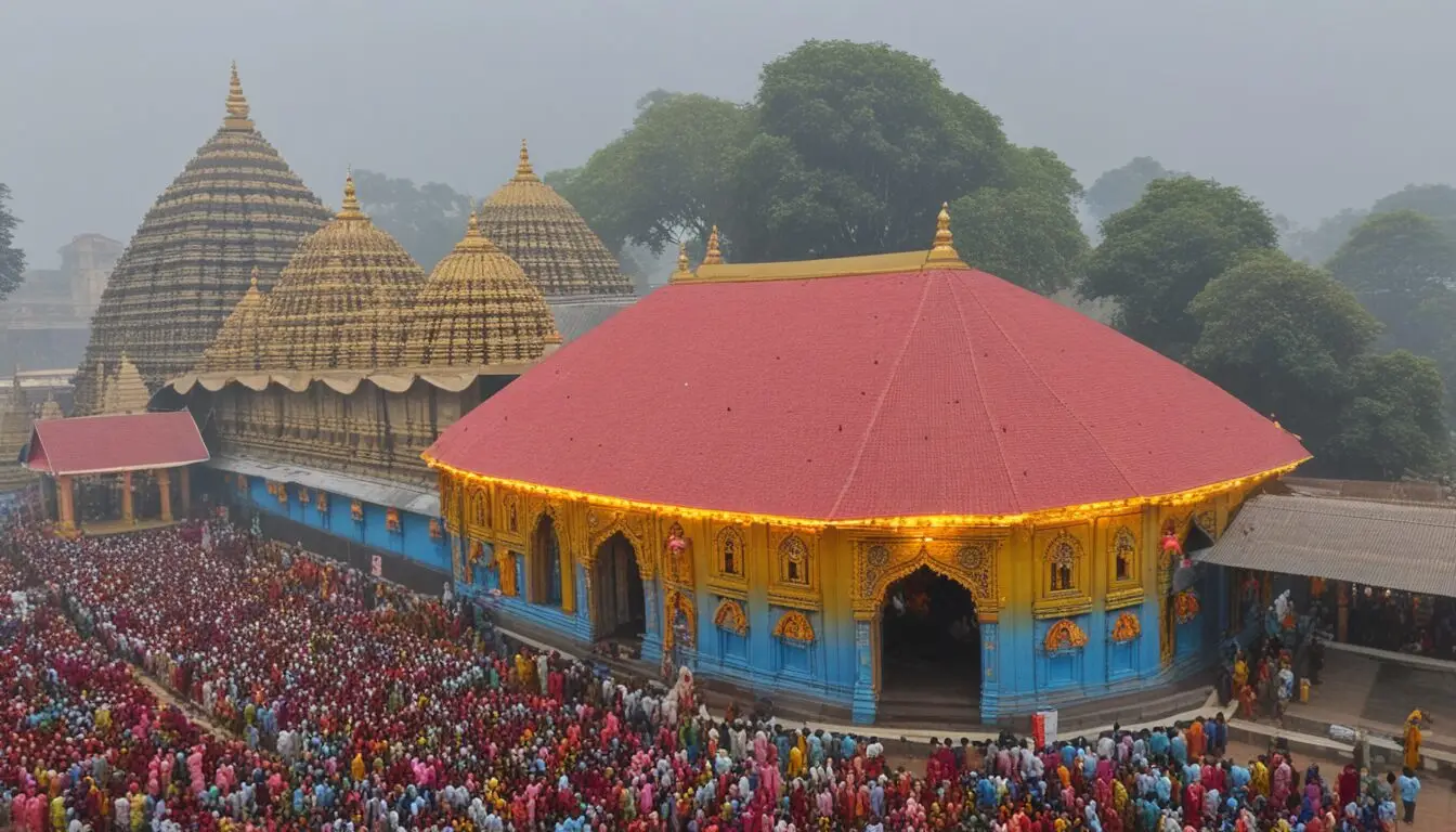 A large gathering of devotees and visitors around Maa Kamakhya Devalaya during a vibrant festival, showcasing the temple's spiritual and cultural significance.