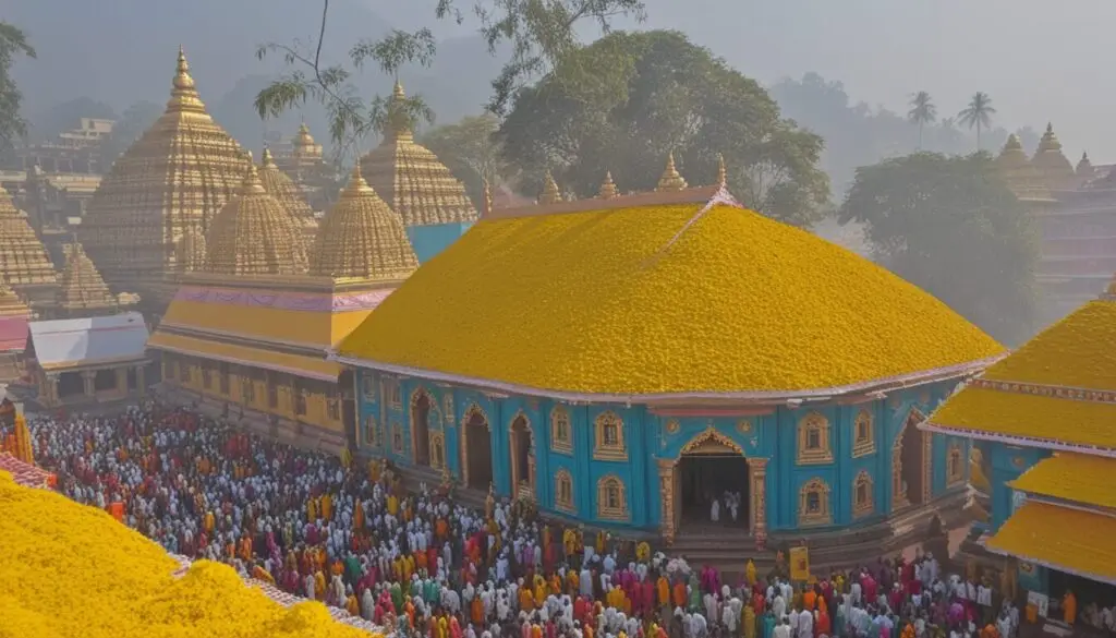 A sea of devotees surrounding Maa Kamakhya Devalaya during a lively festival, emphasizing the temple’s cultural and spiritual significance.