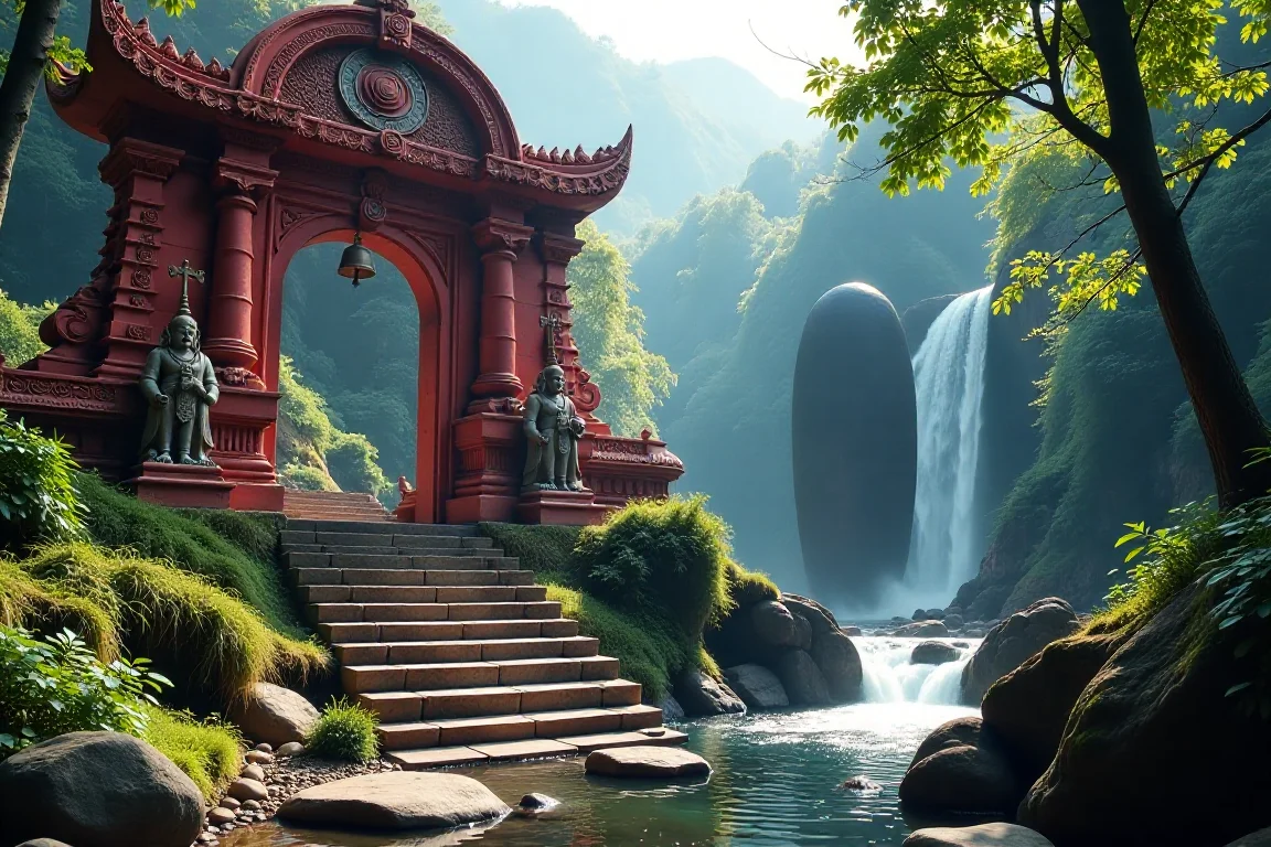 A reimagined view of Bhimashankar Dham's entrance, featuring a majestic red stone gate with intricate carvings, Kinnara statues as guardians, temple bells, and a sacred creek flowing past a black Shivalinga.