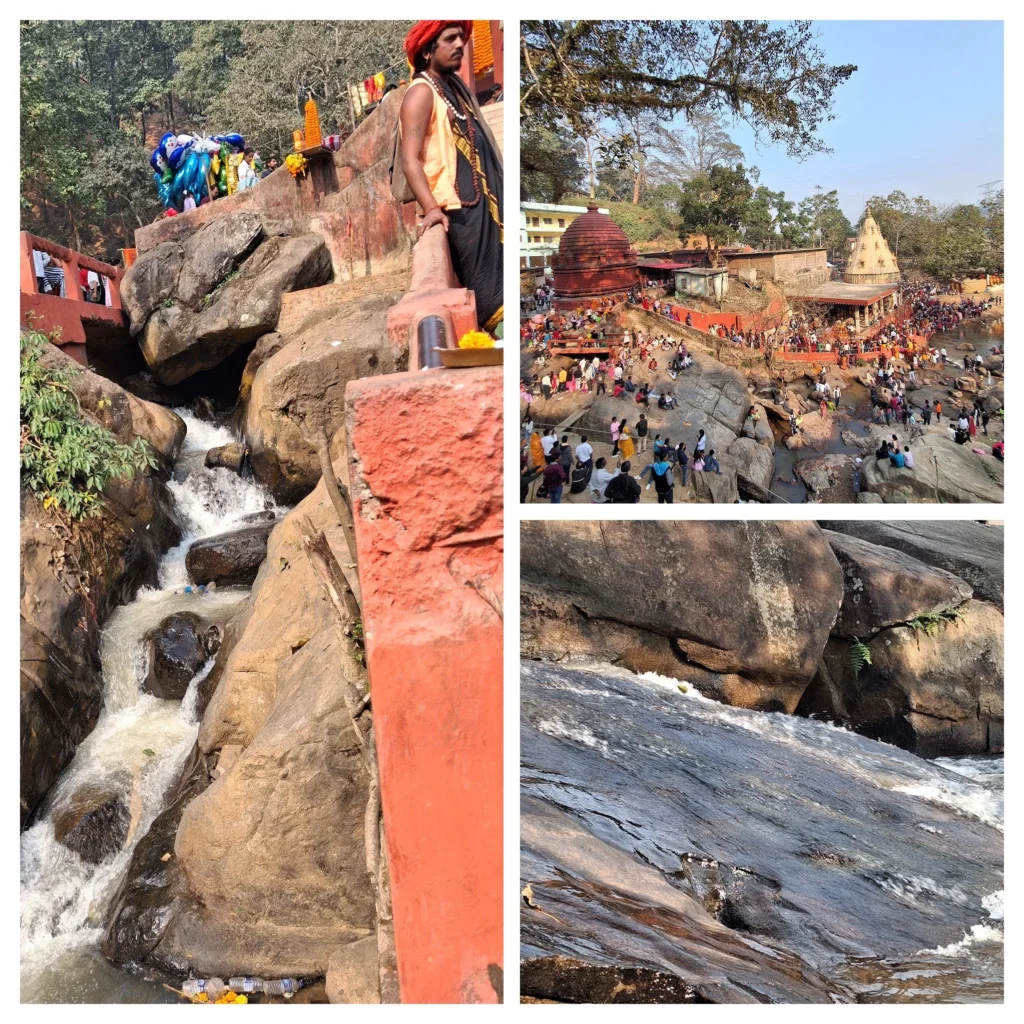 COLLAGE Collage of the waterfall, people enjoying the river that flows after being marging of The streams — Sandhya, Lalita, and Kanta.