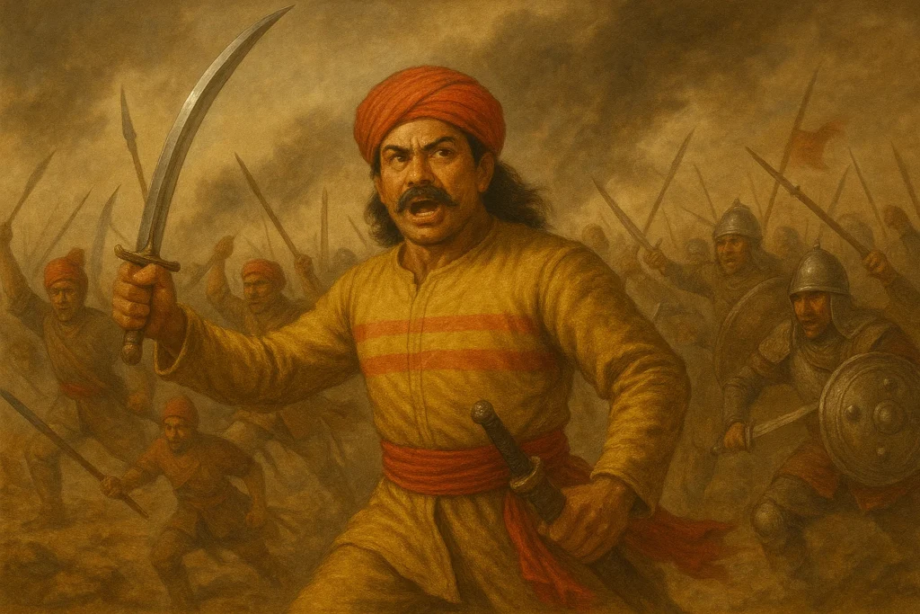 Lachit Borphukan on the battlefield (AI reimagined) Lachit Borphukan on the battlefield (AI reimagined)