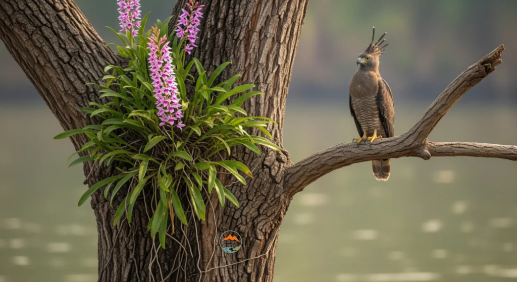 Crested Serpent Eagle and Kapou Phool by the Water’s Edge A Crested Serpent Eagle perched on a tree branch near a water body, with blooming Assamese Foxtail Orchid (Kapou Phool) growing on the tree trunk.