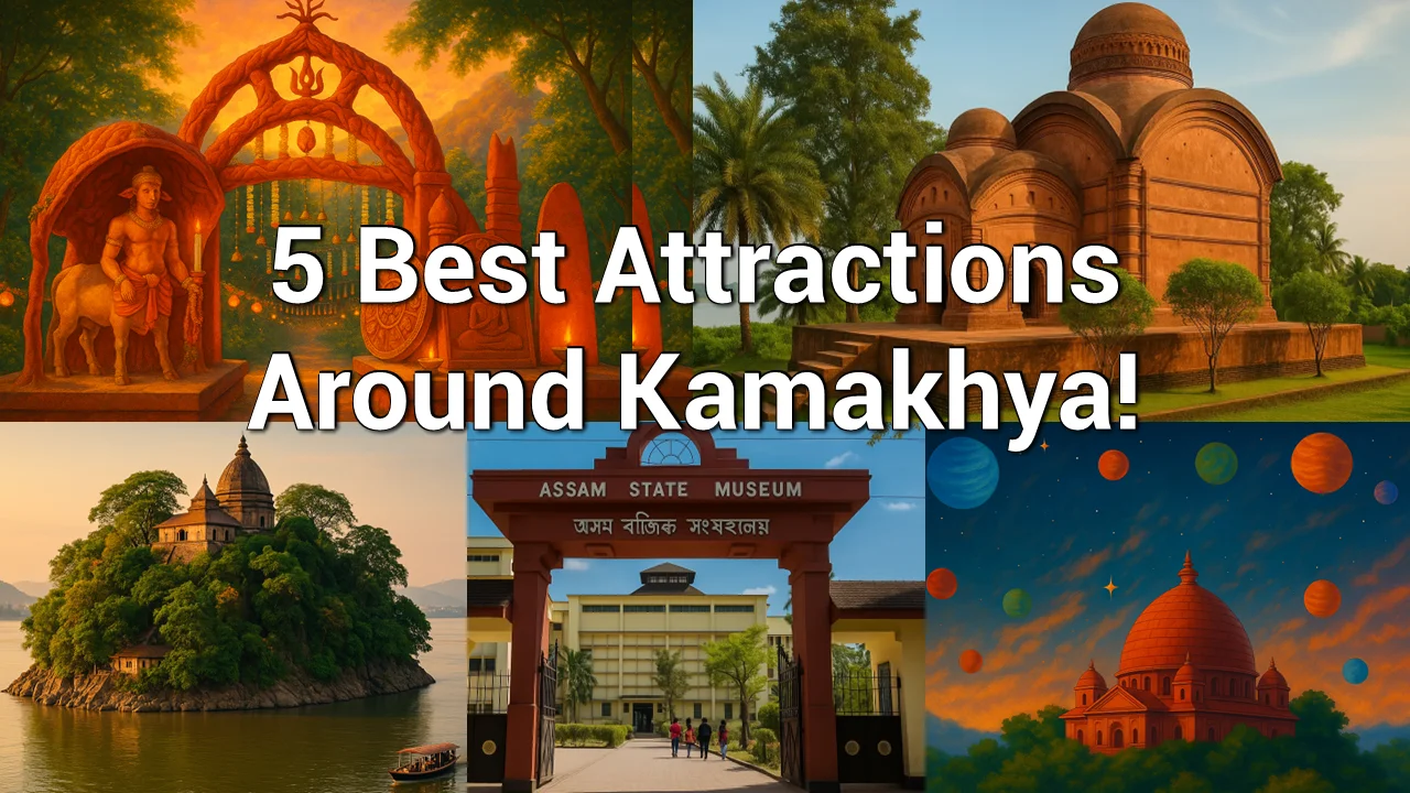 A collage of images of 5 Best Attractions (Bhimsankar Temple entrance, Assma state museum entrance, Navagraha Temple, Bhubneswari temple and Umananda Temple) Around Kamakhya Temple