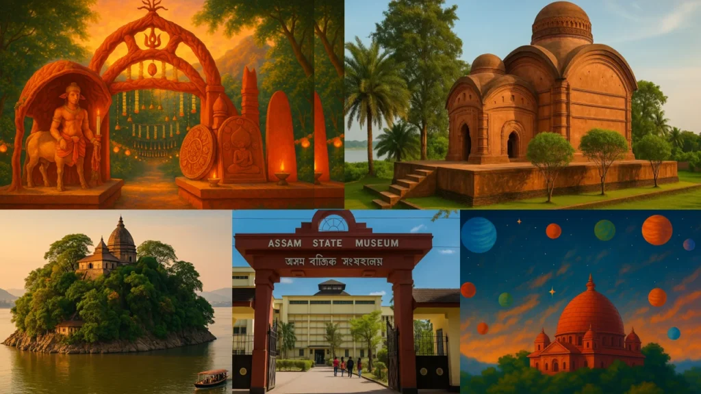 A collage of images of 5 Best Attractions (Bhimsankar Temple entrance, Assma state museum entrance, Navagraha Temple, Bhubneswari temple and Umananda Temple) Around Kamakhya Temple no text A collage of images of 5 Best Attractions (Bhimsankar Temple entrance, Assma state museum entrance, Navagraha Temple, Bhubneswari temple and Umananda Temple) Around Kamakhya Temple