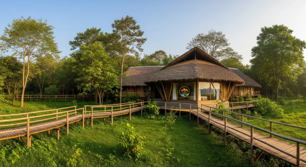 Eco-Luxury Stay in the Heart of the Jungle Thatched-roof eco-lodge surrounded by lush greenery with elevated wooden walkways in a forest setting.