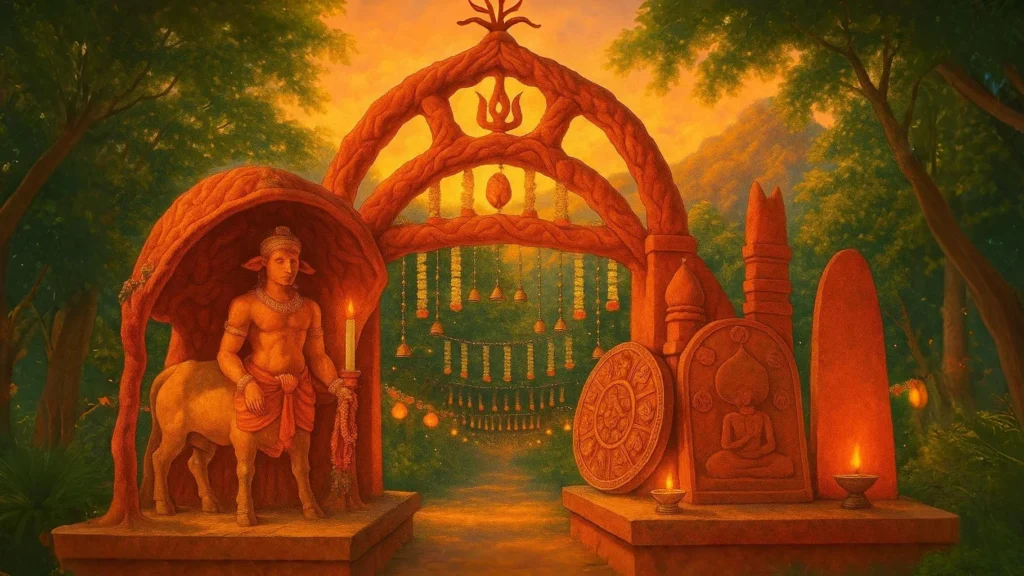 Entrance Sculpture of Bhimashankar Temple, Guwahati Sculpted entrance of Bhimashankar Temple in Guwahati, featuring a half-man, half-bull Nandi figure and zodiac carvings in a vibrant forest setting.