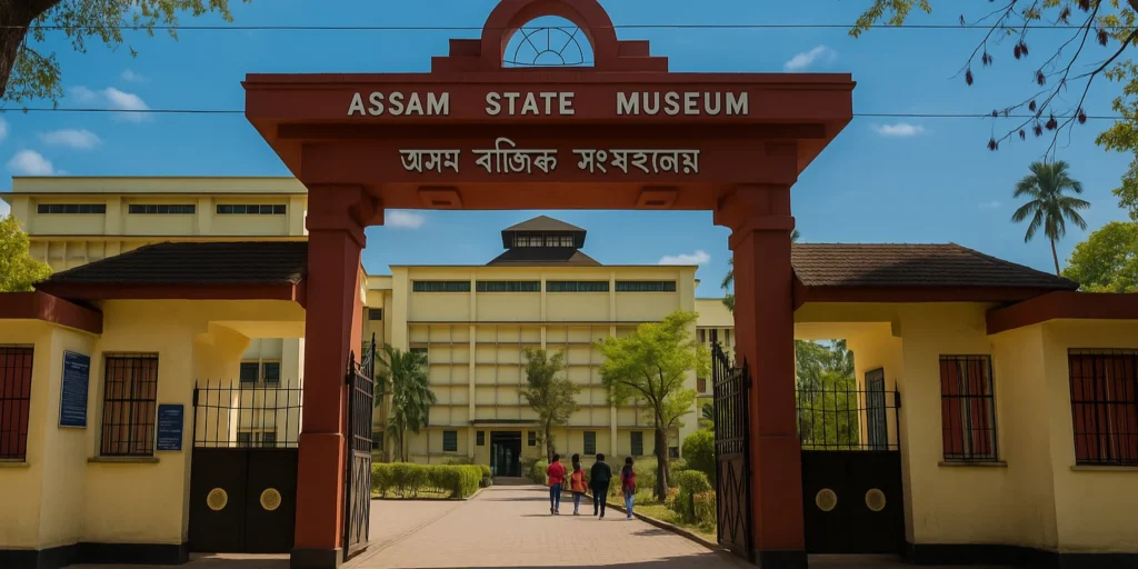 Entrance of Assam State Museum, Guwahati – A Gateway to Heritage Ultra-wide view of the entrance to the Assam State Museum in Guwahati, showing its red arch gate with Assamese and English text, framed by trees and blue sky.