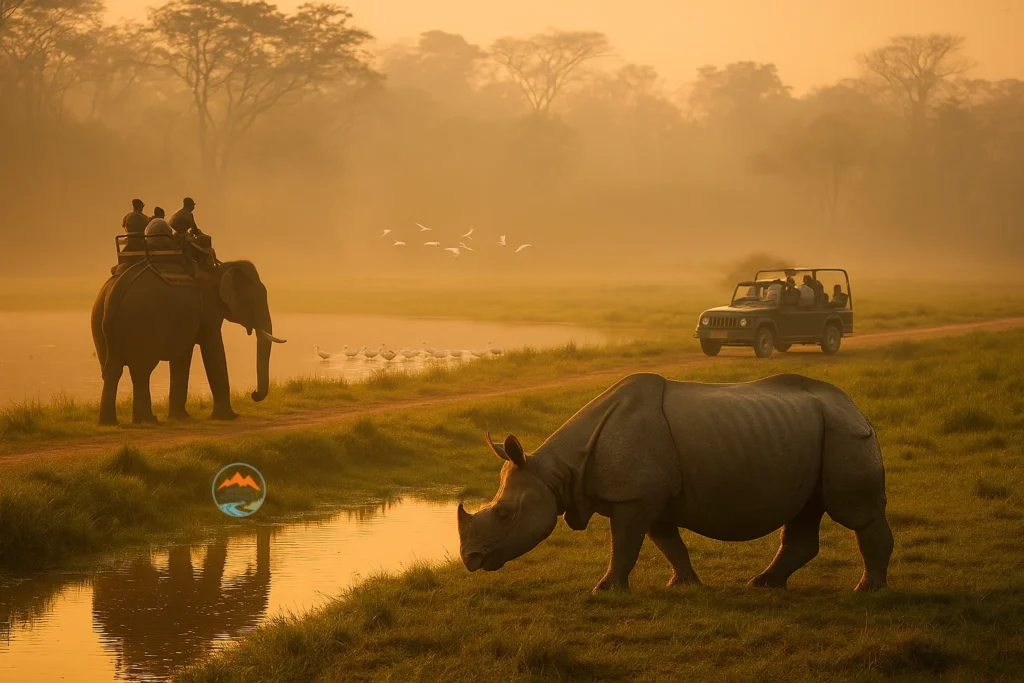 Golden Safari Morning in Kaziranga National Park Elephant and jeep safari near a water body at sunrise in Kaziranga, with a one-horned rhinoceros in the foreground and migratory birds flying overhead.
