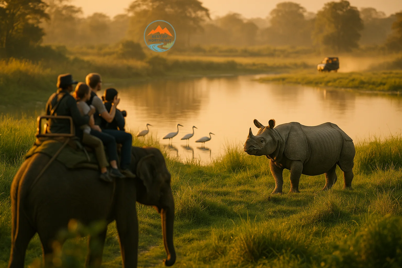 A one-horned rhino grazes beside a waterbody at Kaziranga National Park during golden hour, with migratory birds, an elephant safari, and a jeep safari in the background.