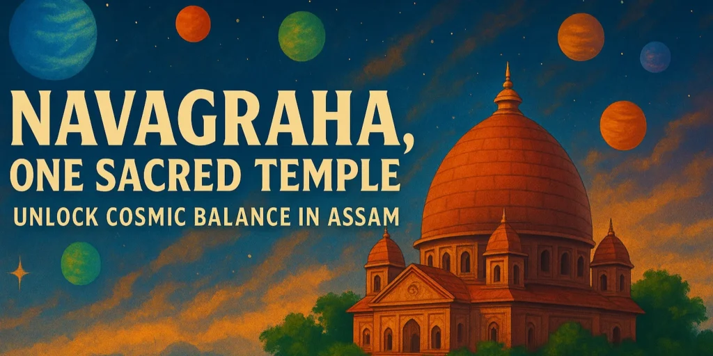 Navagraha Temple, Guwahati Hilltop Sanctuary of Cosmic Balance 2 Panoramic view of the colorful Navagraha Temple perched atop Chitrachal Hill in Guwahati, Assam, with lush greenery and a sweeping vista of the city and Brahmaputra River below, under a dramatic sky.