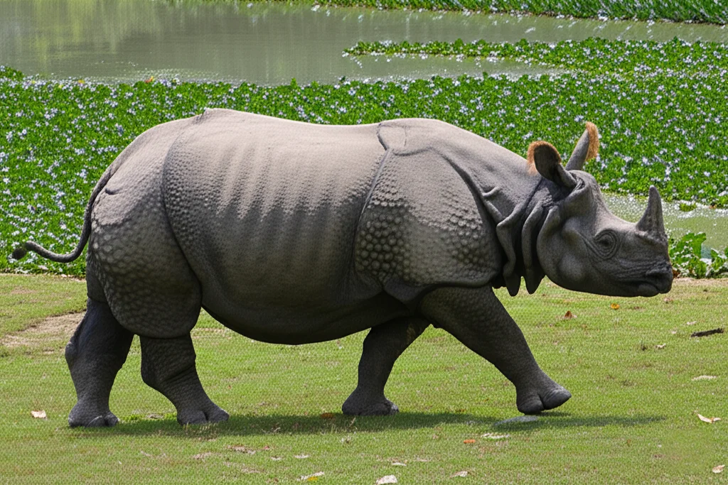 One-Horned Rhino: Icon of Kaziranga's Wild Majesty A close-up side profile of an Indian one-horned rhinoceros walking beside a waterbody in Kaziranga National Park, Assam.