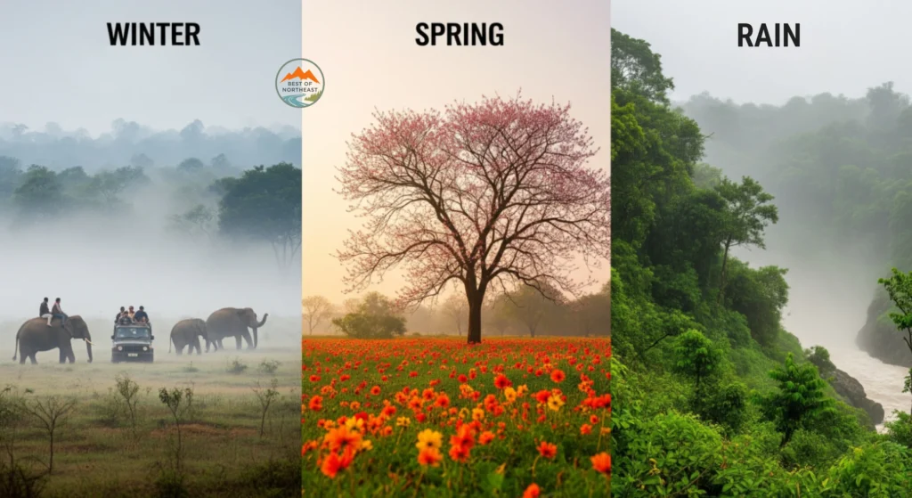 Seasons of Kazirang- Winter Safaris, Spring Blossoms & Monsoon Mystique A seasonal collage of Kaziranga National Park showing winter elephant safari in morning mist, a blooming spring meadow with a flowering tree, and lush green forest during the monsoon rains.