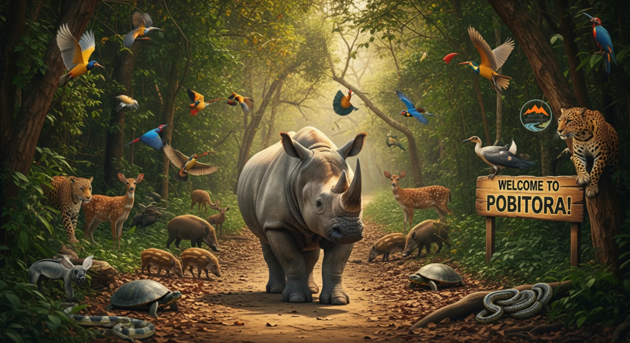 One-horned rhinoceros leading jungle animals including deer, wild boar, leopard, turtles, snakes, and colorful birds at Pobitora Wildlife Sanctuary