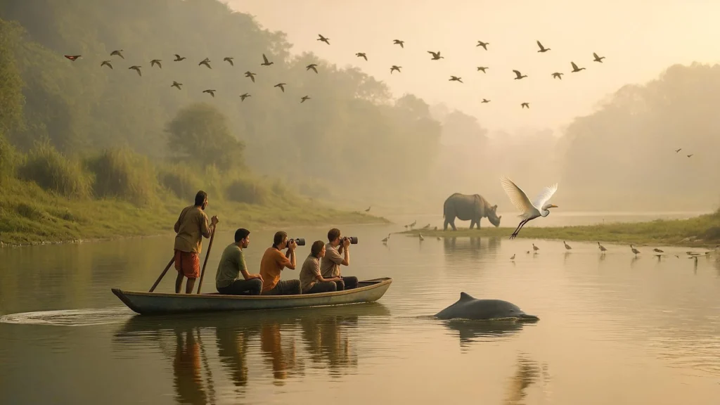 Boat Safari at Pobitora- A Tranquil Encounter with Dolphins and Rhinos A group of tourists in a wooden boat observe a Gangetic river dolphin surfacing on a calm river, with an egret flying nearby and a one-horned rhinoceros grazing along the misty riverbank at dawn in Pobitora Wildlife Sanctuary.