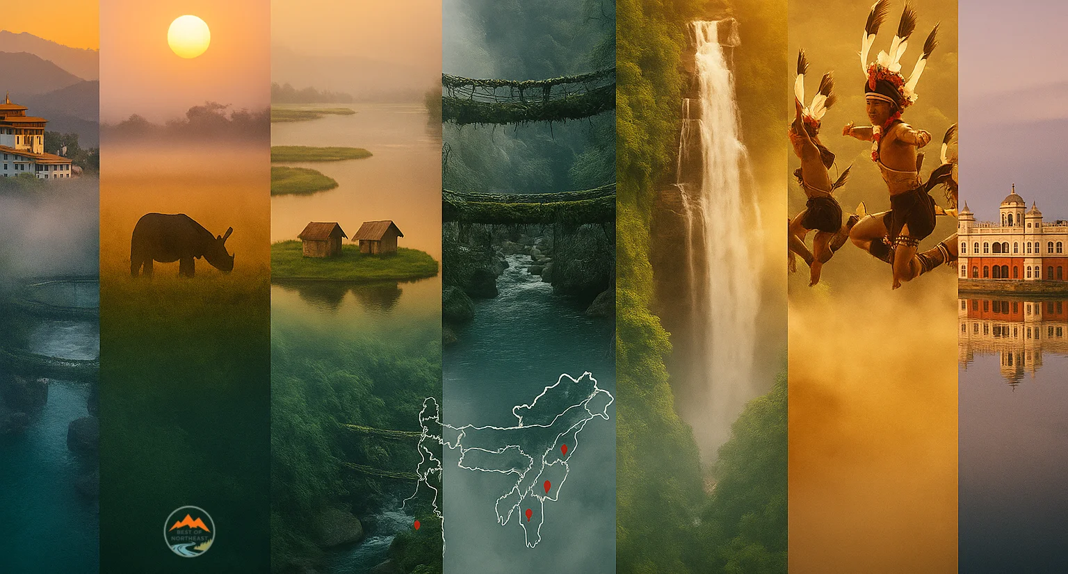 Seven Sisters panorama: Tawang Monastery, Kaziranga rhinos, Loktak Lake, Meghalaya root bridge, Mizoram Vantawng Falls, Nagaland Hornbill Festival and Tripura Neermahal – ultimate 2025 travel guide.