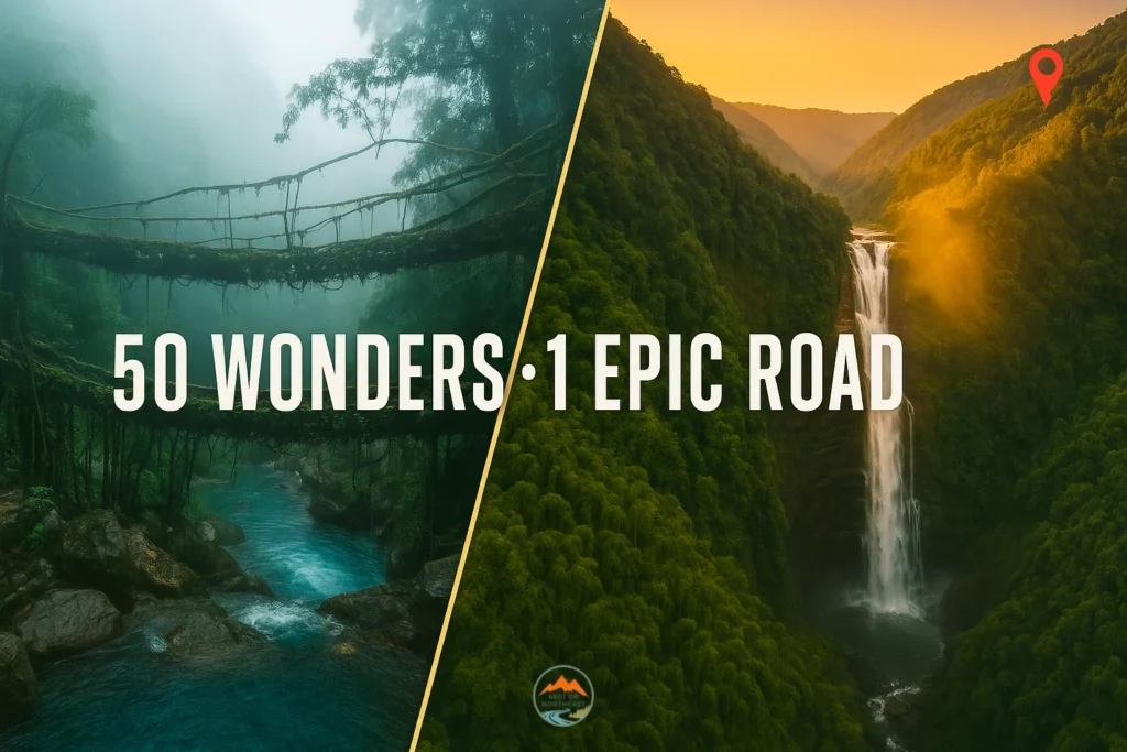 northeast-india-bucket-list-2025-feature Double-Decker Living Root Bridge in Meghalaya and 750-ft Vantawng Falls in Mizoram under monsoon clouds – top attractions of Northeast India