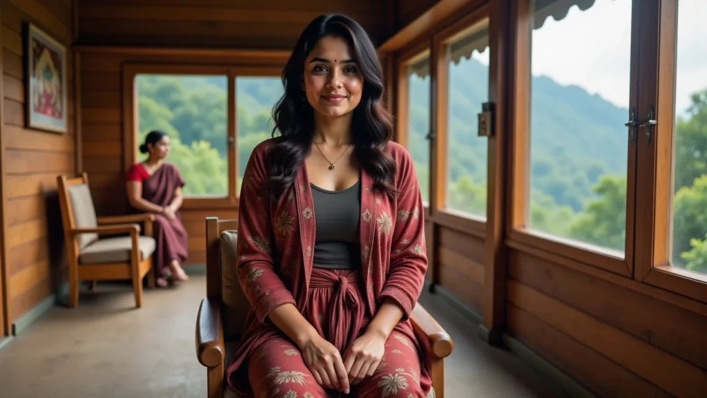 Safe Homestay for Solo Female Travelers in Meghalaya Cozy wooden homestay in Meghalaya with a local host welcoming a solo female traveler; traditional decor and warm lighting visible inside.