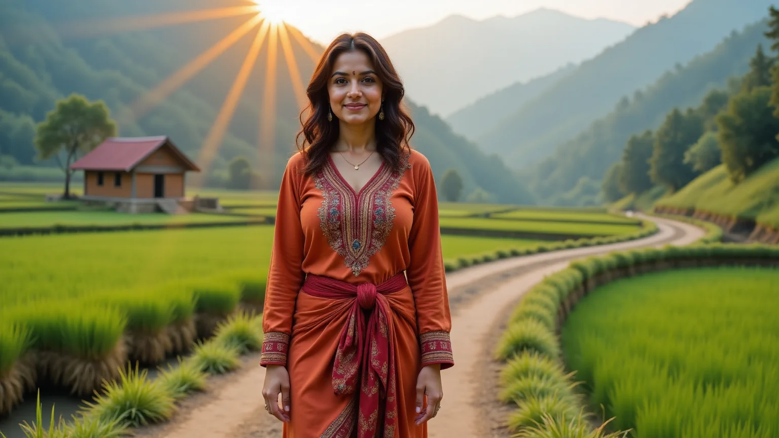 Solo female traveler smiling in a tribal village in Northeast India, wearing a traditional poncho and carrying a backpack, with hills and wooden huts in the background.