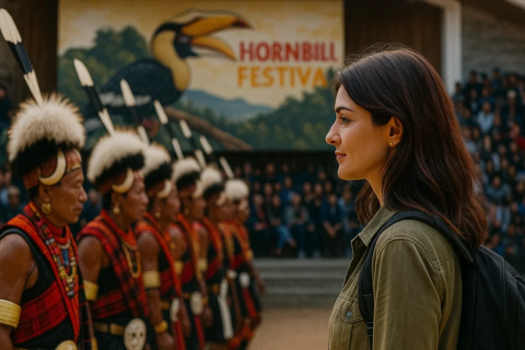 Solo Traveler at Hornbill Festival – Nagaland Cultural Experience - Best of Northeast Solo female traveler watching traditional Naga performers at the Hornbill Festival in Nagaland, wearing casual travel clothes with a backpack.