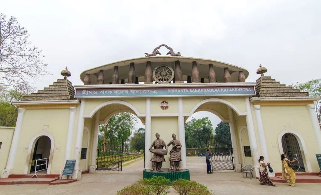 Entrance of Srimanta Sankardev Kalakshetra with Rang Ghar replica and traditional Assamese architecture Entrance of Srimanta Sankardev Kalakshetra with Rang Ghar replica and traditional Assamese architecture