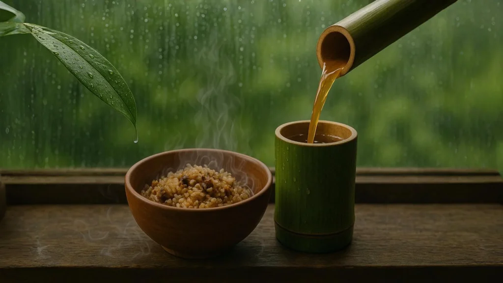 Steaming Jadoh Bowl & Bamboo cup tea - Monsoon travel in Northeast Traditional Khasi jadoh (spicy pork rice) and Mizo bamboo tea (kawr) served together on a wooden table during monsoon, with rain-blurred greenery visible through the window of a Mawlynnong homestay, Meghalaya, India