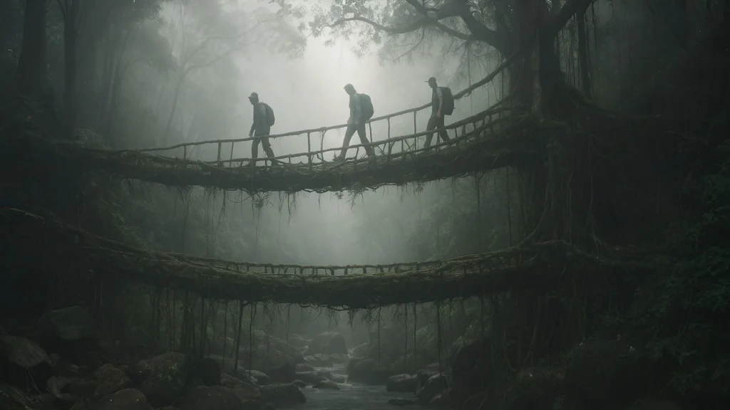 double-decker-living-root-bridge-meghalaya-khasi-wisdom Double-decker living root bridge in Nongriat village, Meghalaya, India, crafted by Khasi tribes from Ficus elastica roots over centuries