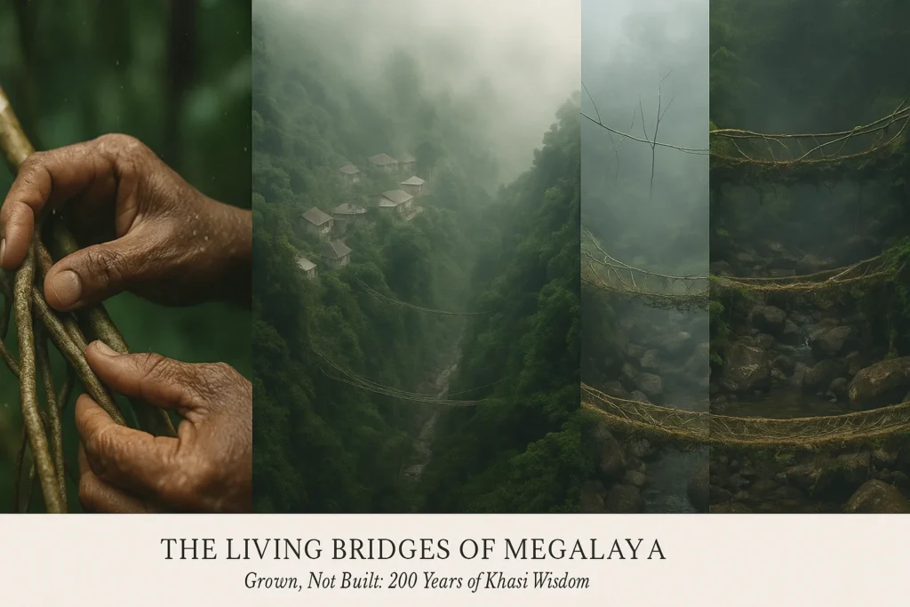 living-root-bridge-meghalaya-khasi-wisdom Double-decker living root bridge in Nongriat village, Meghalaya, India, crafted by Khasi tribes from Ficus elastica roots over centuries