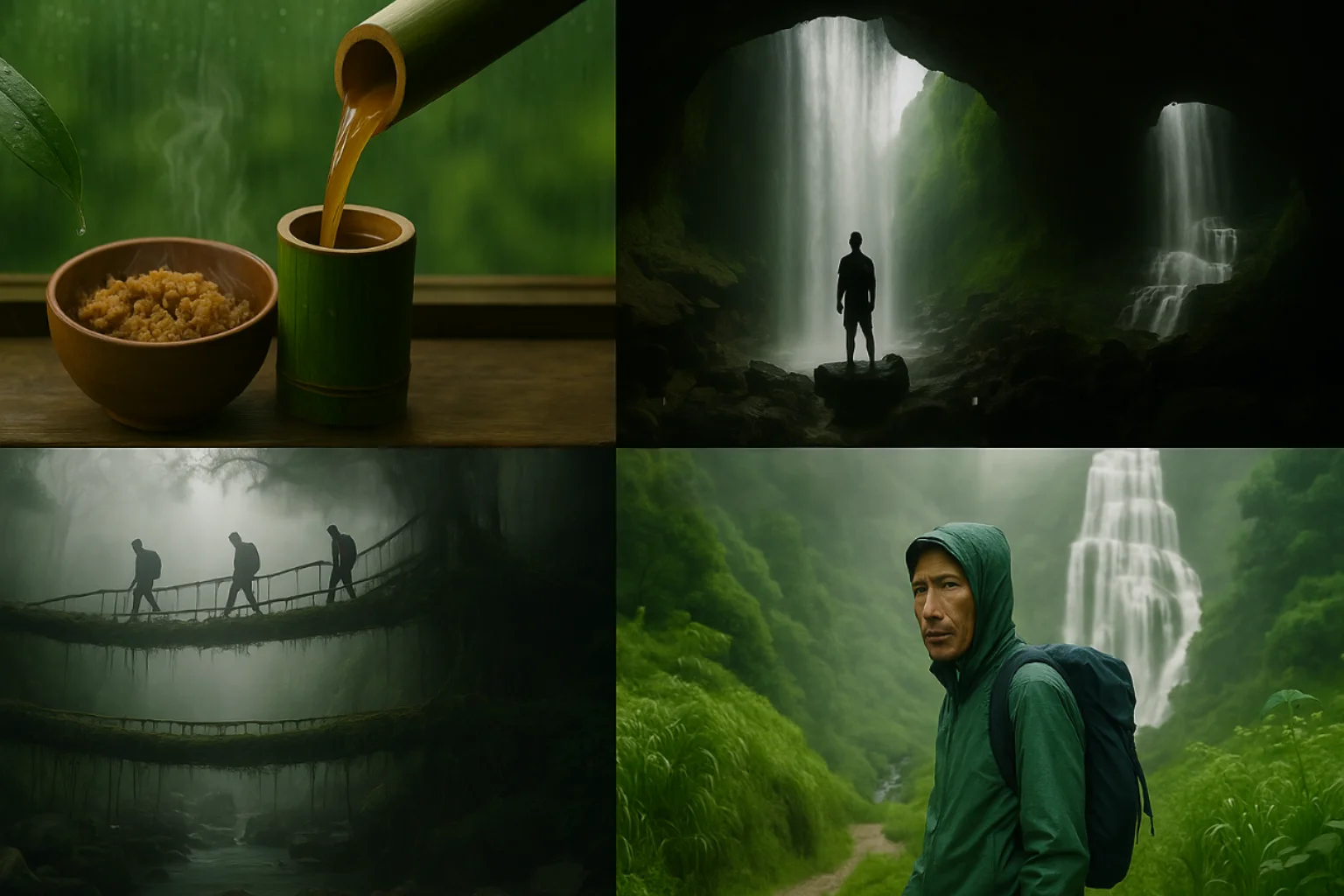 Collage featuring: 1) Double-decker living root bridge in Meghalaya, 2) Waterfall viewed from inside a cave in Mizoram, 3) Local tribal guide standing beside a roaring monsoon waterfall, and 4) Traditional Khasi jadoh rice with Mizo bamboo tea served during rain - showcasing best Northeast India monsoon experiences