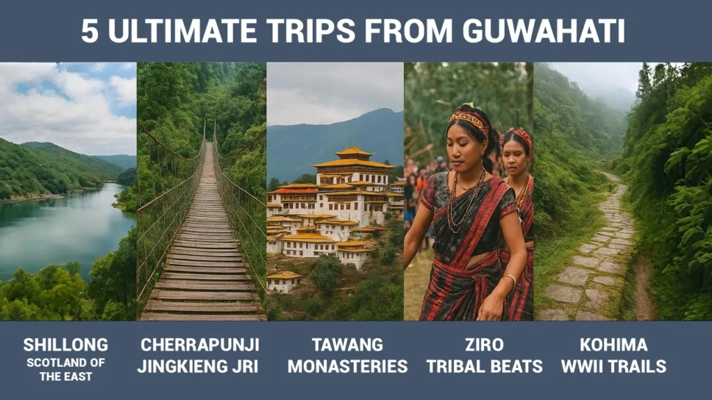 5 Ultimate Trips From Guwahati- Scotland of East to Jingkieng Jri tThe Ultimate 5 Epic Northeast India trips from Guwahati—Shillong’s mists, Cherrapunji’s Jingkieng Jri bridges, Tawang Monastery, Ziro Valley, and Kohima’s Hornbill Festival