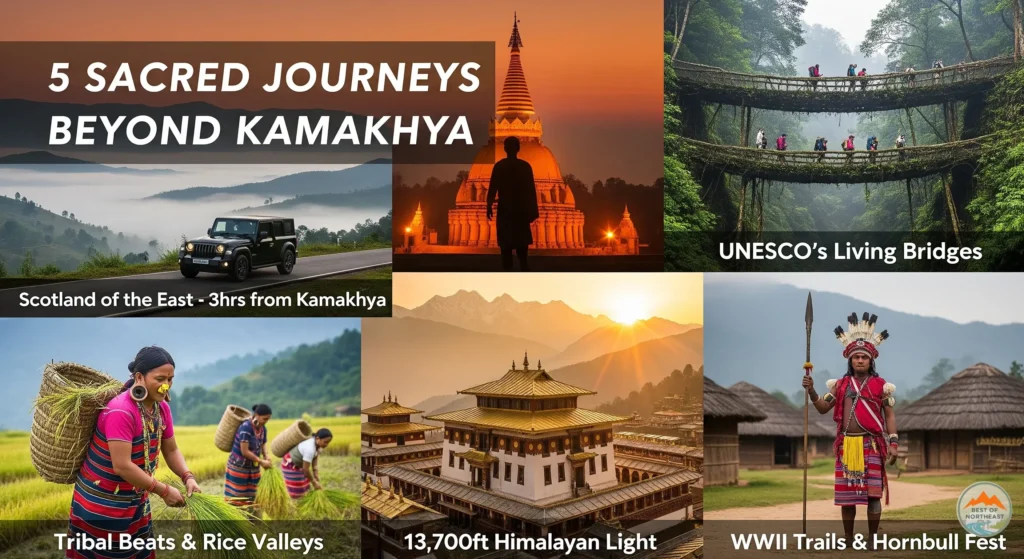 Epic Northeast India trips from Kamakhya Temple—Shillong’s mists, Cherrapunji’s Jingkieng Jri bridges, Tawang Monastery, Ziro Valley, and Kohima’s Hornbill Festival