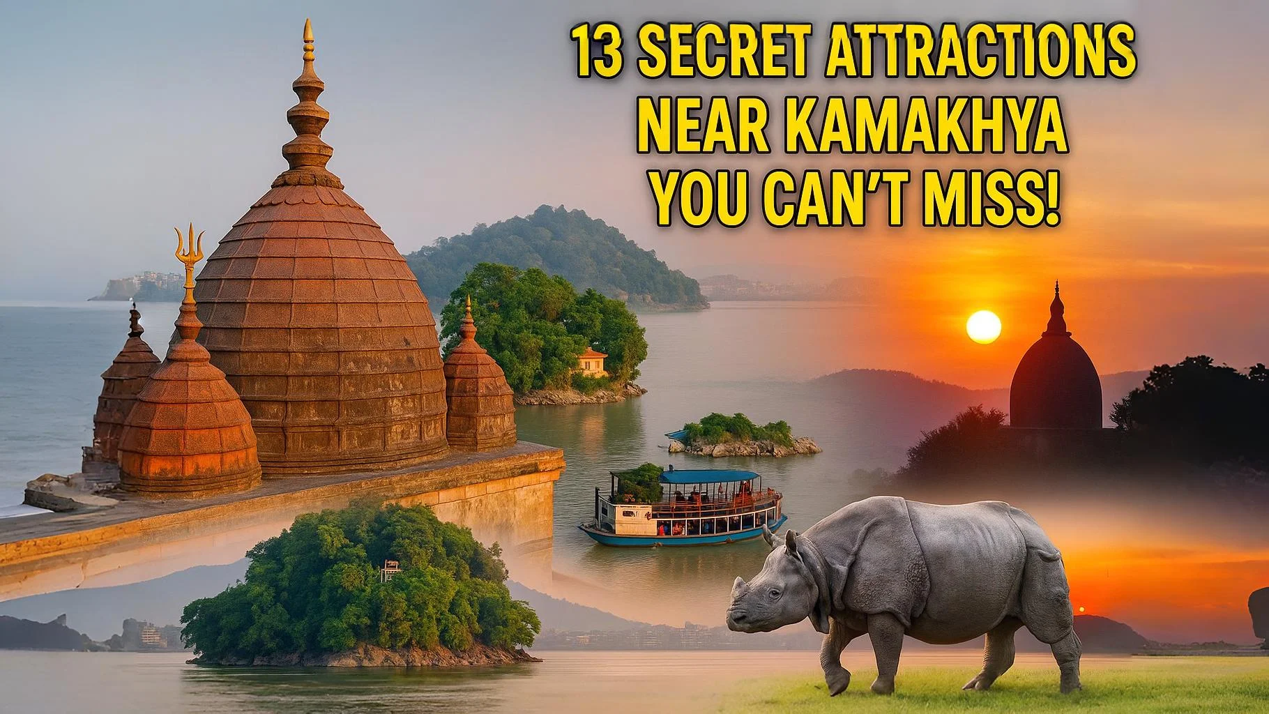 Kamakhya Temple attractions in Guwahati - Umananda Island boats, Pobitora rhino safari, and Bhubaneswari Temple sunset views
