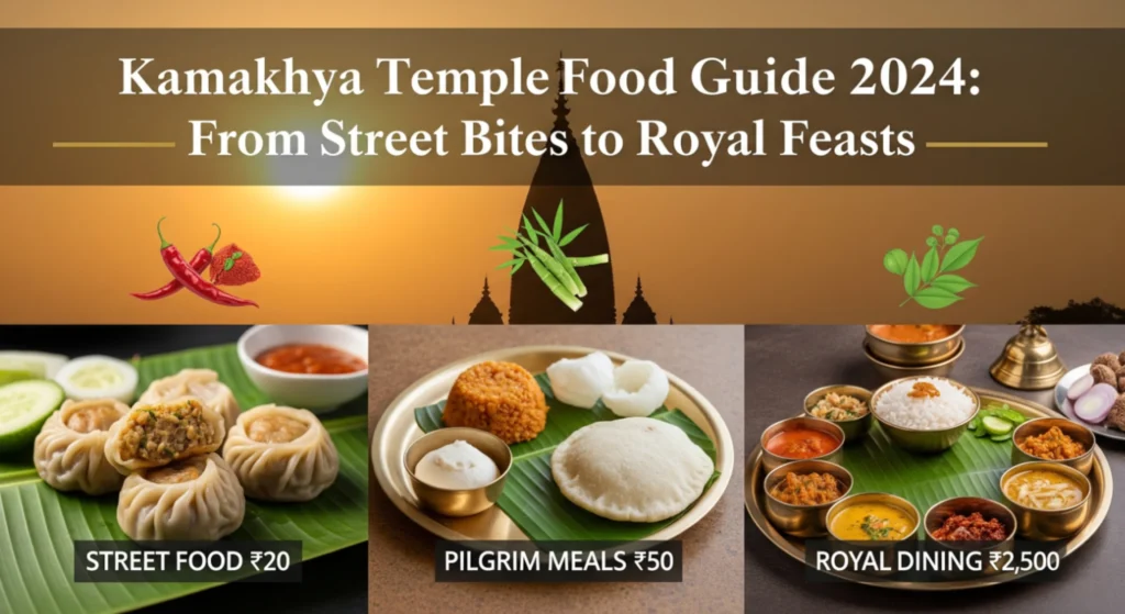 Best food near Kamakhya Temple - street momos (₹20), vegetarian thali (₹50), and luxury Assamese dining (₹2500) in 2024