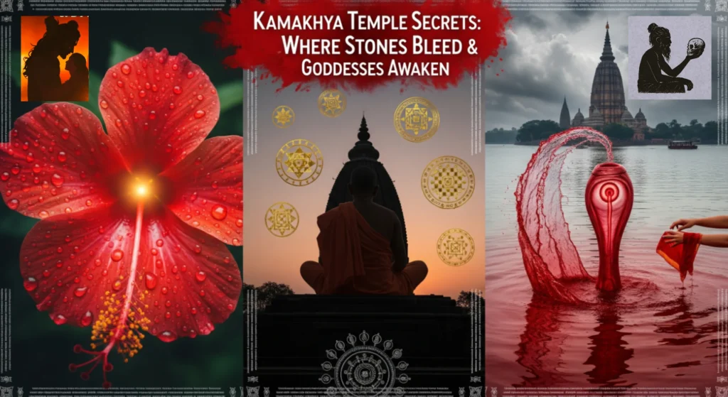 Kamakhya Temple's mystical triad: red hibiscus (Shakti), meditating aghori (Tantra), and blood-red Brahmaputra (Ambubachi Mela)