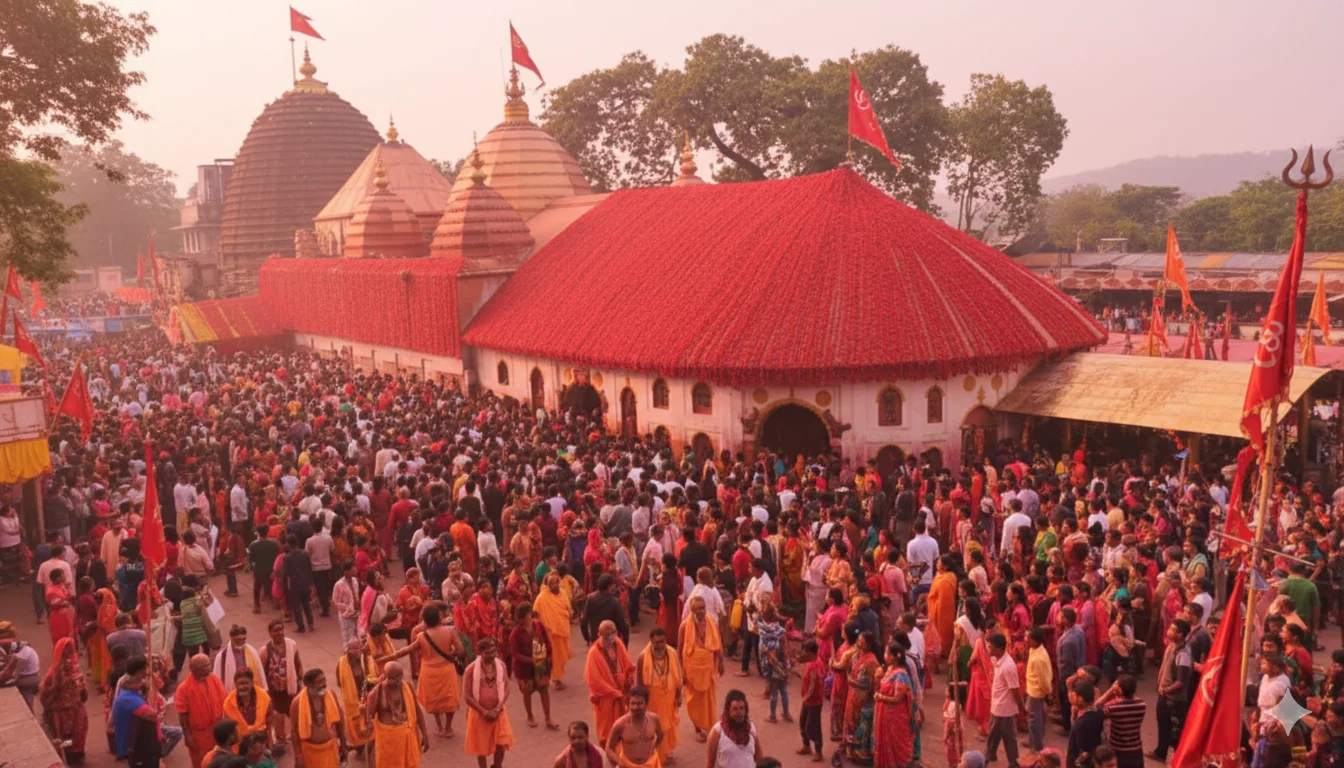 Devotees and sadhus gathered at Kamakhya Temple during the annual Ambubachi Mela festival.