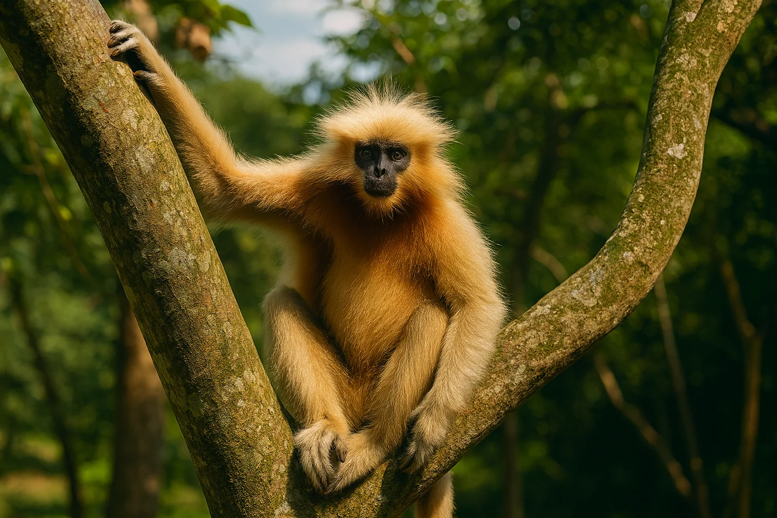 Golden Langur sitting on a tree at Umananda Island, one of the rare primates found near Umananda Temple.