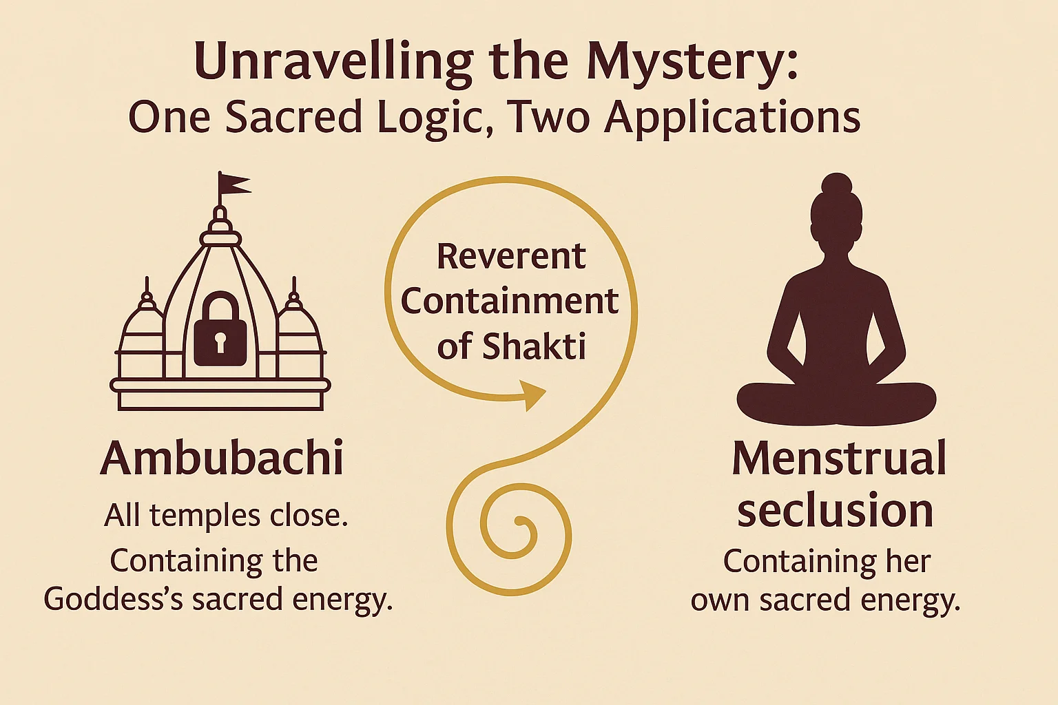 Infographic explaining the rules of Kamakhya Temple menstruation, showing the parallel between the Ambubachi Mela and individual practice as reverent containment of Shakti.