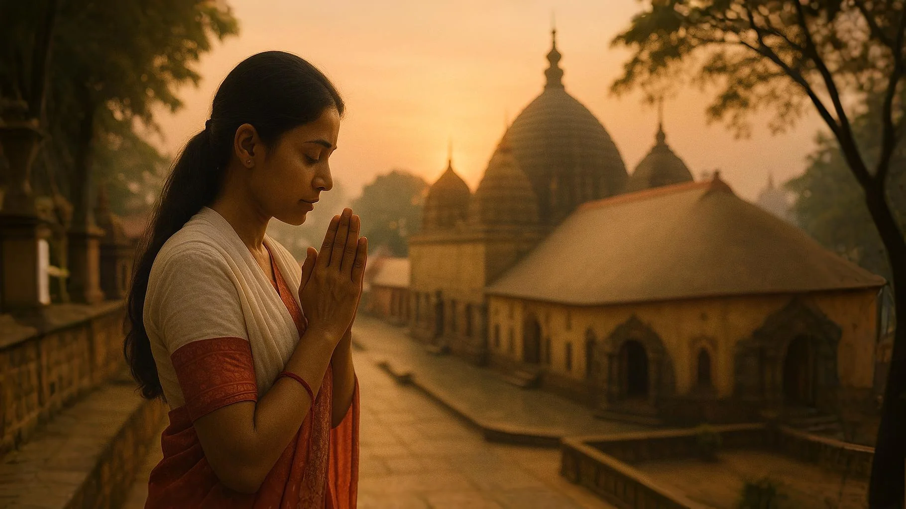 A devotee praying outside the Kamakhya Temple’s inner sanctum, symbolizing reverence and connection, solving the "Kamakhya Temple Menstruation" Paradox.