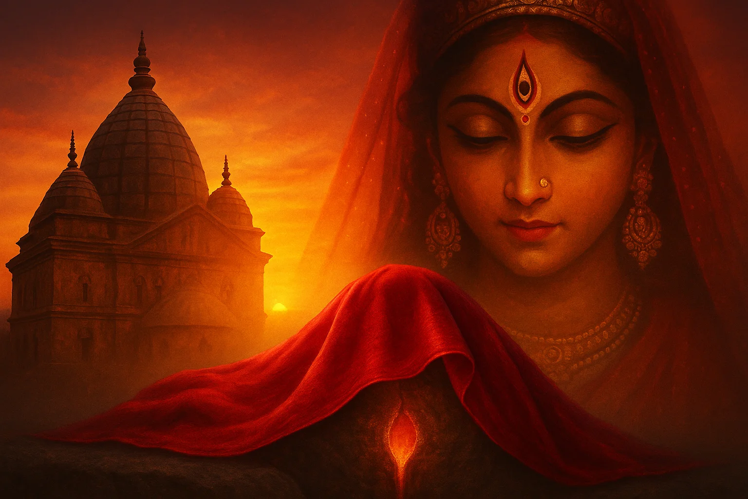 Symbolic red silk cloth over a sacred stone, representing the divine feminine energy at Kamakhya Temple.