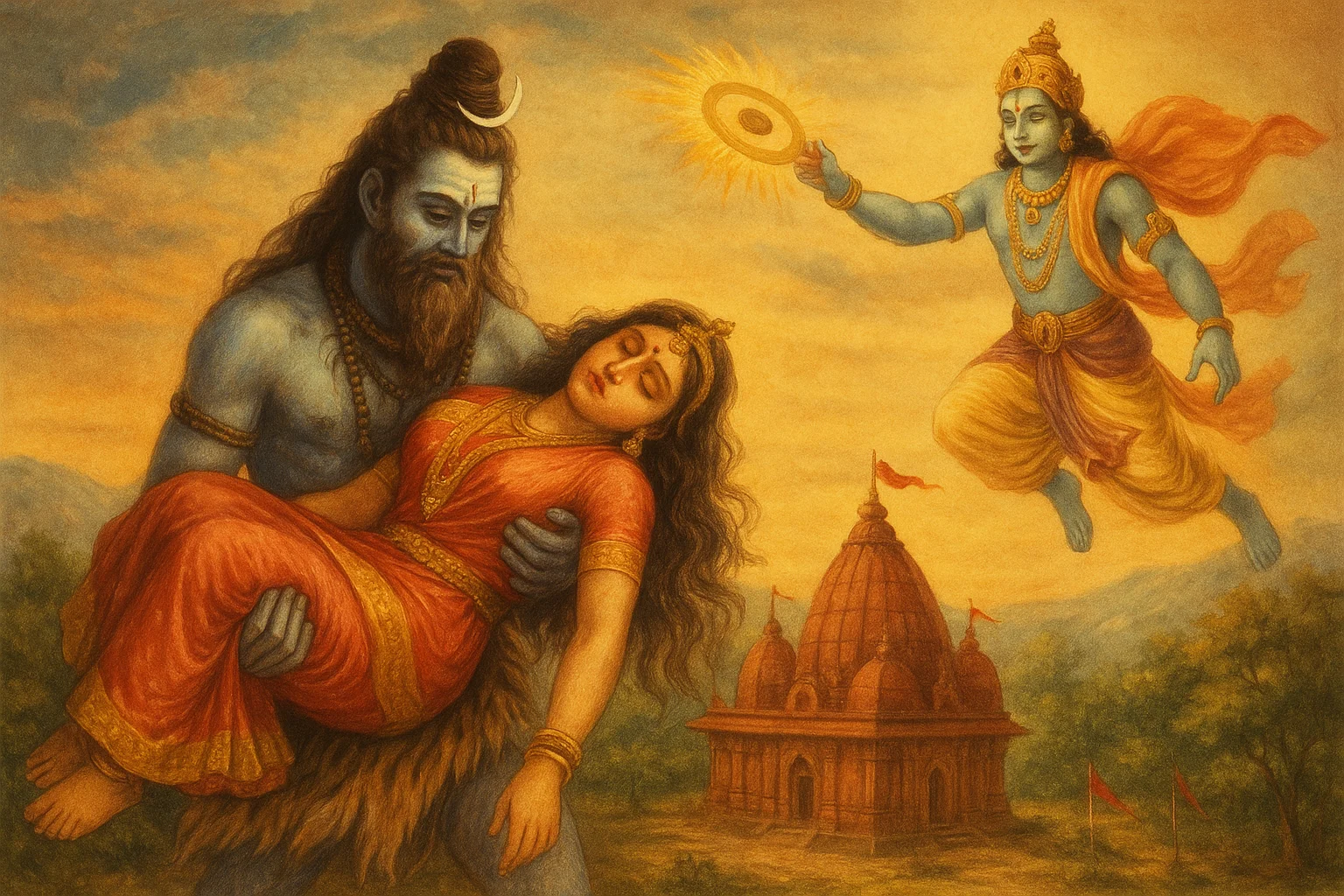 Painting of Lord Shiva carrying Goddess Sati while Lord Vishnu uses his Sudarshan Chakra, marking the creation of Kamakhya Temple.